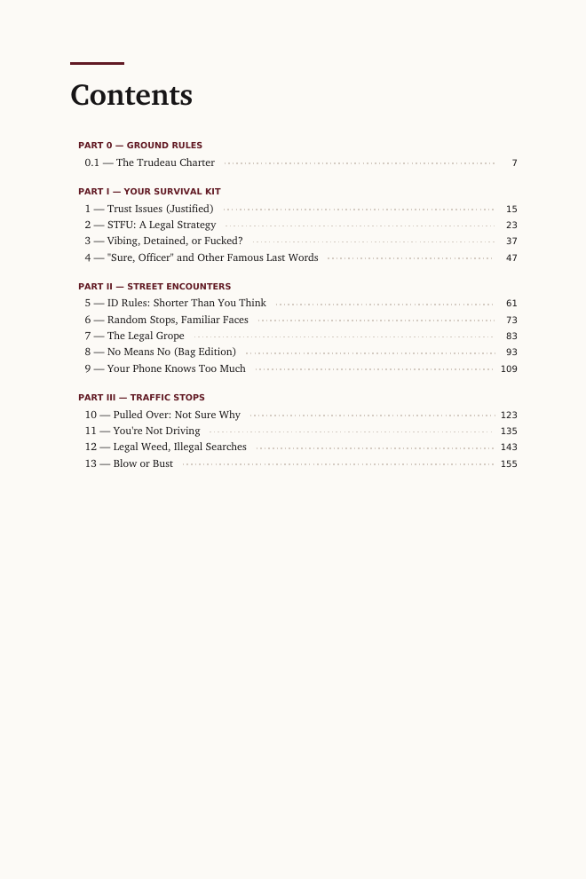 Table of contents from A Tactical Manual for Dealing with Canadian Cops